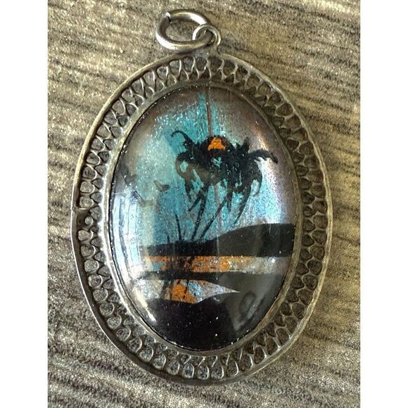 Vintage Sterling Butterfly Wing Pendant Palm Tree Tropical Paradise - Picture 1 of 5